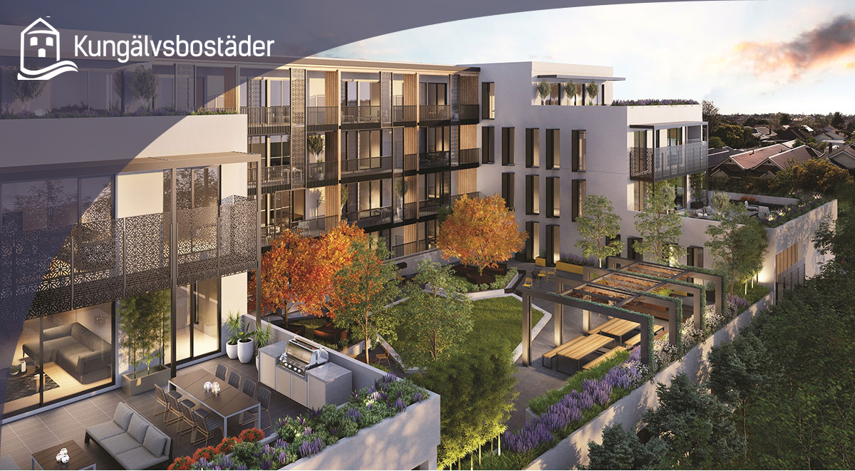 Bostadsområde med grönska i solnedgång
