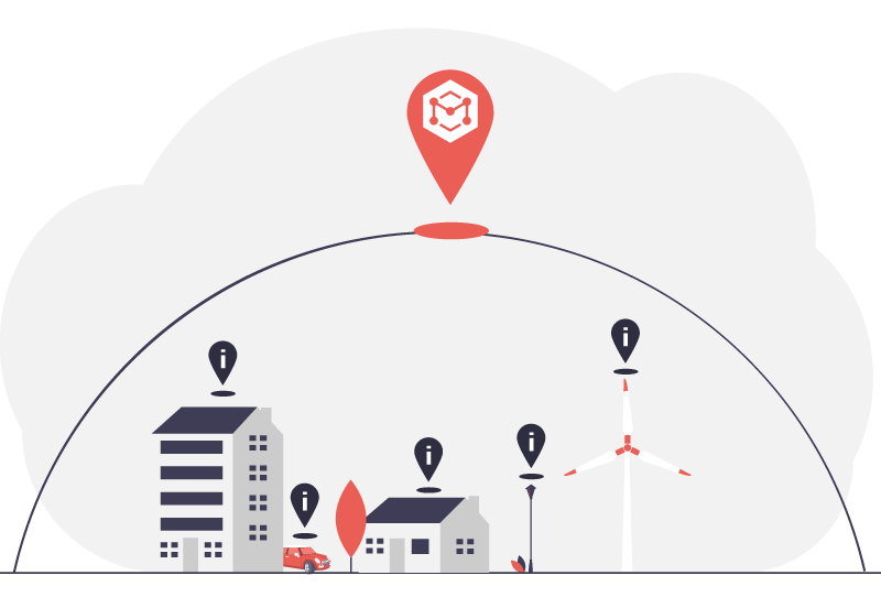 Illustration av stad med datakällor