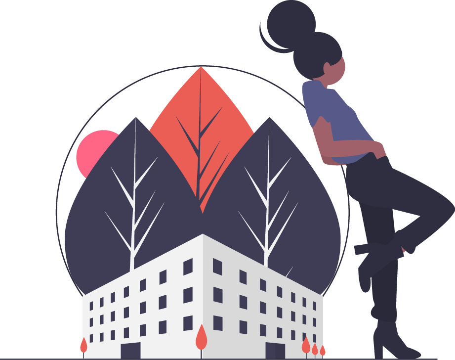 Illustration of person leaning agains a dome placed over a building